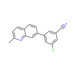 Cc1ccc2ccc(-c3cc(Cl)cc(C#N)c3)cc2n1 ZINC000028823066