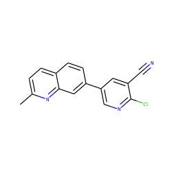 Cc1ccc2ccc(-c3cnc(Cl)c(C#N)c3)cc2n1 ZINC000049088131