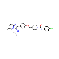 Cc1ccc2nc(-c3ccc(OCC4CCN(C(=O)Nc5ccc(Cl)cc5)CC4)cc3)c(NC(C)C)n2c1 ZINC000095589944