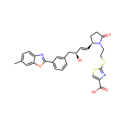 Cc1ccc2nc(-c3cccc(C[C@H](O)/C=C/[C@H]4CCC(=O)N4CCSc4nc(C(=O)O)cs4)c3)oc2c1 ZINC000084670782