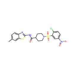 Cc1ccc2nc(NC(=O)C3CCN(S(=O)(=O)c4cc([N+](=O)[O-])ccc4Cl)CC3)sc2c1 ZINC000008692780