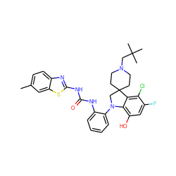 Cc1ccc2nc(NC(=O)Nc3ccccc3N3CC4(CCN(CC(C)(C)C)CC4)c4c(Cl)c(F)cc(O)c43)sc2c1 ZINC001772580079