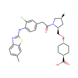 Cc1ccc2nc(Nc3ccc(CC(=O)N4C[C@@H](F)C[C@H]4CO[C@H]4CC[C@H](C(=O)O)CC4)cc3Cl)sc2c1 ZINC000261135802