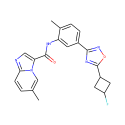 Cc1ccc2ncc(C(=O)Nc3cc(-c4noc(C5CC(F)C5)n4)ccc3C)n2c1 ZINC000206117605