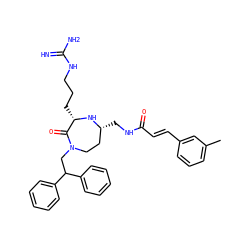 Cc1cccc(/C=C/C(=O)NC[C@@H]2CCN(CC(c3ccccc3)c3ccccc3)C(=O)[C@H](CCCNC(=N)N)N2)c1 ZINC000118684489