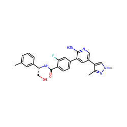 Cc1cccc([C@@H](CO)NC(=O)c2ccc(-c3cc(-c4cn(C)nc4C)cnc3N)cc2F)c1 ZINC001772598964