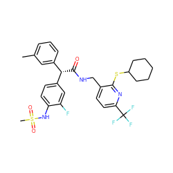 Cc1cccc([C@H](C(=O)NCc2ccc(C(F)(F)F)nc2SC2CCCCC2)c2ccc(NS(C)(=O)=O)c(F)c2)c1 ZINC000138625839