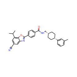 Cc1cccc([C@H]2CC[C@@H](CNC(=O)c3ccc(-c4nc5cc(C#N)cc(C(C)C)c5o4)cc3)CC2)c1 ZINC000101413290