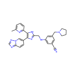 Cc1cccc(-c2[nH]c(CNc3cc(C#N)cc(CN4CCCC4)c3)nc2-c2ccc3ncnn3c2)n1 ZINC000113391444