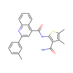 Cc1cccc(-c2cc(C(=O)Nc3sc(C)c(C)c3C(N)=O)c3ccccc3n2)c1 ZINC000001200264