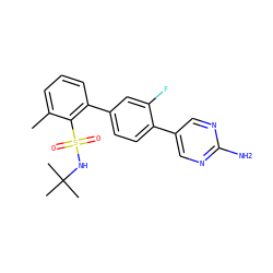 Cc1cccc(-c2ccc(-c3cnc(N)nc3)c(F)c2)c1S(=O)(=O)NC(C)(C)C ZINC000224758720