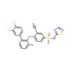 Cc1cccc(-c2ccc(F)c(F)c2)c1Oc1ccc(S(=O)(=O)Nc2ncns2)cc1C#N ZINC000095584524