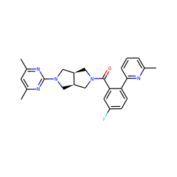 Cc1cccc(-c2ccc(F)cc2C(=O)N2C[C@@H]3CN(c4nc(C)cc(C)n4)C[C@@H]3C2)n1 ZINC000167181154