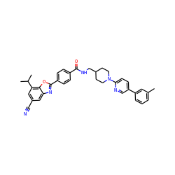 Cc1cccc(-c2ccc(N3CCC(CNC(=O)c4ccc(-c5nc6cc(C#N)cc(C(C)C)c6o5)cc4)CC3)nc2)c1 ZINC000066104423