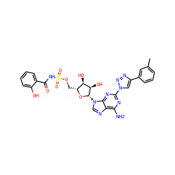 Cc1cccc(-c2cn(-c3nc(N)c4ncn([C@@H]5O[C@H](COS(=O)(=O)NC(=O)c6ccccc6O)[C@@H](O)[C@H]5O)c4n3)nn2)c1 ZINC000058538135