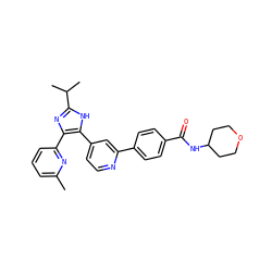 Cc1cccc(-c2nc(C(C)C)[nH]c2-c2ccnc(-c3ccc(C(=O)NC4CCOCC4)cc3)c2)n1 ZINC000003819891
