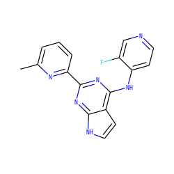 Cc1cccc(-c2nc(Nc3ccncc3F)c3cc[nH]c3n2)n1 ZINC000669370294