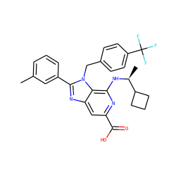 Cc1cccc(-c2nc3cc(C(=O)O)nc(N[C@@H](C)C4CCC4)c3n2Cc2ccc(C(F)(F)F)cc2)c1 ZINC001772635453