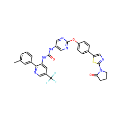 Cc1cccc(-c2ncc(C(F)(F)F)cc2NC(=O)Nc2cnc(Oc3ccc(-c4cnc(N5CCCC5=O)s4)cc3)nc2)c1 ZINC001772629319