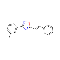 Cc1cccc(-c2noc(/C=C/c3ccccc3)n2)c1 ZINC000004956717
