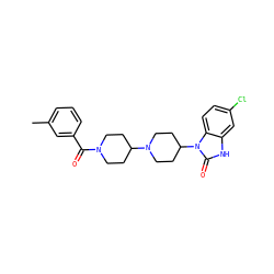Cc1cccc(C(=O)N2CCC(N3CCC(n4c(=O)[nH]c5cc(Cl)ccc54)CC3)CC2)c1 ZINC000040407834