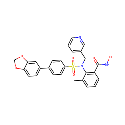 Cc1cccc(C(=O)NO)c1N(Cc1cccnc1)S(=O)(=O)c1ccc(-c2ccc3c(c2)OCO3)cc1 ZINC000026268107