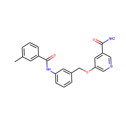 Cc1cccc(C(=O)Nc2cccc(COc3cncc(C(N)=O)c3)c2)c1 ZINC000653857045