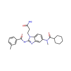 Cc1cccc(C(=O)Nc2nc3cc(N(C)C(=O)C4CCCCC4)ccc3n2CCC(N)=O)c1 ZINC000040940522