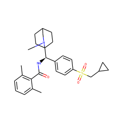 Cc1cccc(C)c1C(=O)N[C@H](c1ccc(S(=O)(=O)CC2CC2)cc1)C12CCC(CC1)CN2C ZINC000140428859