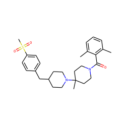 Cc1cccc(C)c1C(=O)N1CCC(C)(N2CCC(Cc3ccc(S(C)(=O)=O)cc3)CC2)CC1 ZINC000003594458