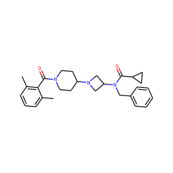 Cc1cccc(C)c1C(=O)N1CCC(N2CC(N(Cc3ccccc3)C(=O)C3CC3)C2)CC1 ZINC000040892385