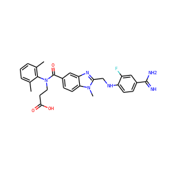 Cc1cccc(C)c1N(CCC(=O)O)C(=O)c1ccc2c(c1)nc(CNc1ccc(C(=N)N)cc1F)n2C ZINC001772580438