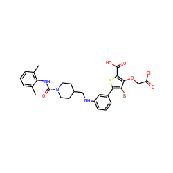 Cc1cccc(C)c1NC(=O)N1CCC(CNc2cccc(-c3sc(C(=O)O)c(OCC(=O)O)c3Br)c2)CC1 ZINC000028711567