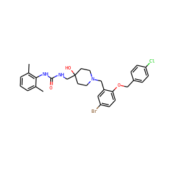Cc1cccc(C)c1NC(=O)NCC1(O)CCN(Cc2cc(Br)ccc2OCc2ccc(Cl)cc2)CC1 ZINC000028822141