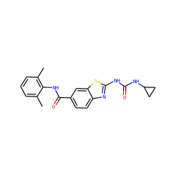 Cc1cccc(C)c1NC(=O)c1ccc2nc(NC(=O)NC3CC3)sc2c1 ZINC000013534032