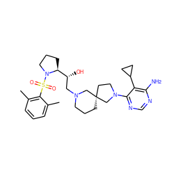 Cc1cccc(C)c1S(=O)(=O)N1CCC[C@H]1[C@H](O)CN1CCC[C@@]2(CCN(c3ncnc(N)c3C3CC3)C2)C1 ZINC000071316648