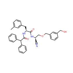 Cc1cccc(C[C@H](NC(=O)C(c2ccccc2)c2ccccc2)C(=O)N[C@H](C#N)COCc2cccc(CO)c2)c1 ZINC000027519529