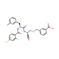 Cc1cccc(C[C@H](NC(=O)c2ccc(Cl)cc2F)C(=O)N[C@H](C#N)COCc2cccc(C(=O)O)c2)c1 ZINC000027519212