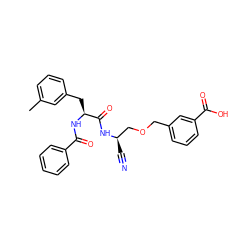 Cc1cccc(C[C@H](NC(=O)c2ccccc2)C(=O)N[C@H](C#N)COCc2cccc(C(=O)O)c2)c1 ZINC000013470949