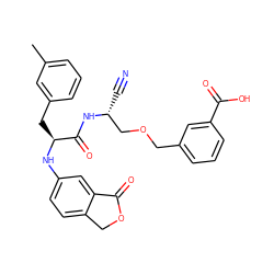Cc1cccc(C[C@H](Nc2ccc3c(c2)C(=O)OC3)C(=O)N[C@H](C#N)COCc2cccc(C(=O)O)c2)c1 ZINC000013587589