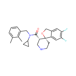 Cc1cccc(CN(C(=O)[C@H]2CNCC[C@@]23OCc2cc(F)c(F)cc23)C2CC2)c1C ZINC000068249619