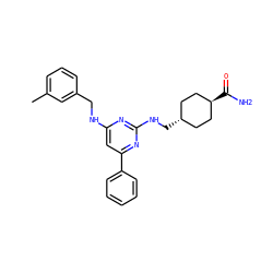 Cc1cccc(CNc2cc(-c3ccccc3)nc(NC[C@H]3CC[C@H](C(N)=O)CC3)n2)c1 ZINC000299820067