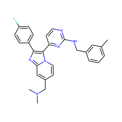 Cc1cccc(CNc2nccc(-c3c(-c4ccc(F)cc4)nc4cc(CN(C)C)ccn34)n2)c1 ZINC000028963692