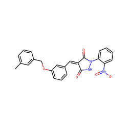 Cc1cccc(COc2cccc(/C=C3\C(=O)NN(c4ccccc4[N+](=O)[O-])C3=O)c2)c1 ZINC000040938544