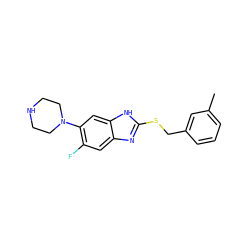 Cc1cccc(CSc2nc3cc(F)c(N4CCNCC4)cc3[nH]2)c1 ZINC000029048429