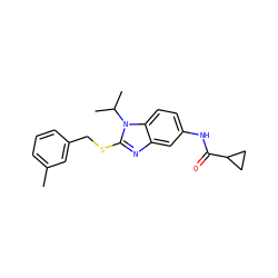 Cc1cccc(CSc2nc3cc(NC(=O)C4CC4)ccc3n2C(C)C)c1 ZINC000028523616