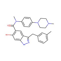 Cc1cccc(Cc2n[nH]c3cc(O)c(C(=O)N(C)c4ccc(N5CCN(C)CC5)cc4)cc23)c1 ZINC000116962074