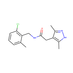 Cc1cccc(Cl)c1CNC(=O)Cc1c(C)n[nH]c1C ZINC000084690670