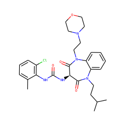 Cc1cccc(Cl)c1NC(=O)N[C@@H]1C(=O)N(CCC(C)C)c2ccccc2N(CCN2CCOCC2)C1=O ZINC000072176803