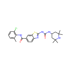 Cc1cccc(Cl)c1NC(=O)c1ccc2nc(NC(=O)NC3CC(C)(C)NC(C)(C)C3)sc2c1 ZINC000013534100